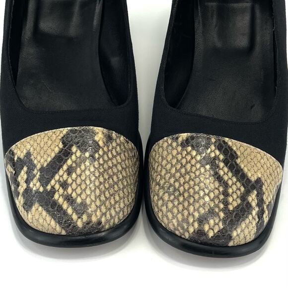 Coca By Maraolo Block Heel Pump Size 8.5 Black Fabric/Snake Print Leather Padded - Picture 15 of 16